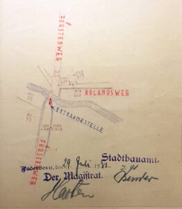 Geplante Wasserentnahmestelle für den städtischen Motorsprengwagen an der „Steinernen Brücke“, Lageskizze 1931 (Stadt- und KreisA Pb, A 5551, unfol.)