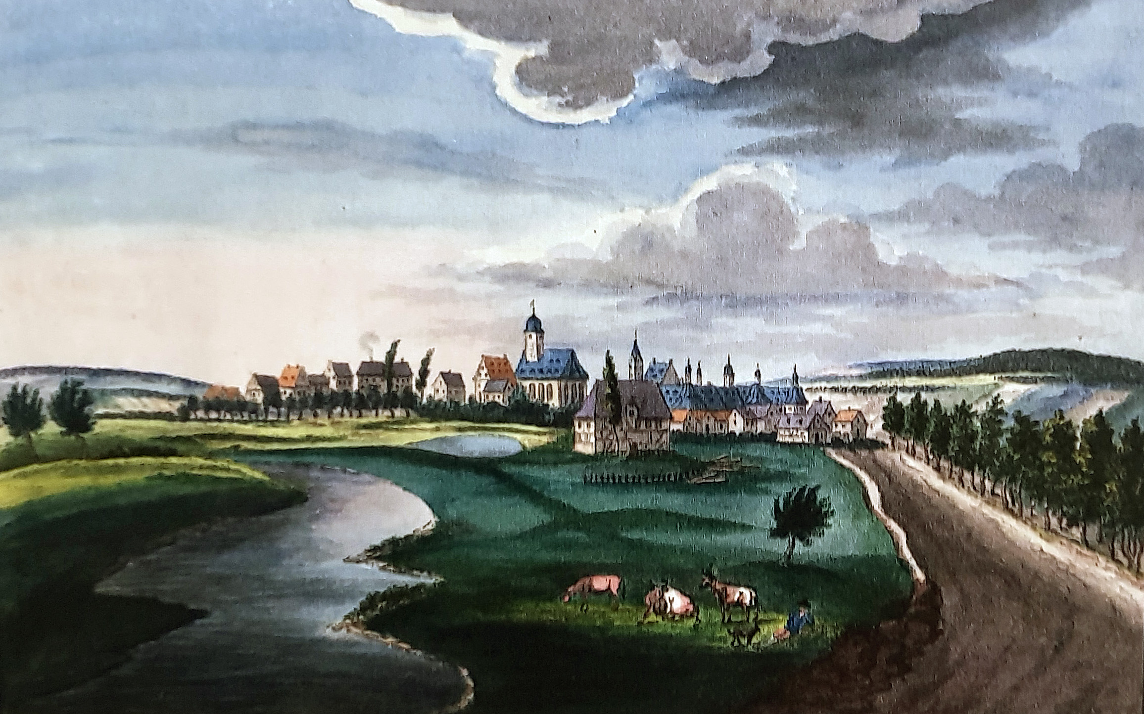 Ansicht von Neuhaus, um 1820/30, Aquarell von Friedrich v. Mengersen (Stadt- und Landesbibliothek Dortmund/ Residenzmuseum Schloss Neuhaus, Foto M. Ströhmer2019)