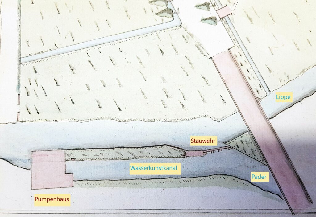 Neuhaus, New Waterworks of 1753/55 in the „Grundriss der Wiese bei der Lippebrücke „ (ground plan of the meadow near the Lippe bridge), 18th century (EAB Pb, AV, Acta 88, fol. 18v-19r, edited by M. Ströhmer 2019)