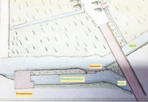 Neuhaus, Neue Wasserkunst von 1753/55 im „Grundriss der Wiese bei der Lippebrücke“, 18. Jahrhundert (EAB Pb, AV, Acta 88, fol. 18v-19r, Bearbeitung M. Ströhmer 2019)