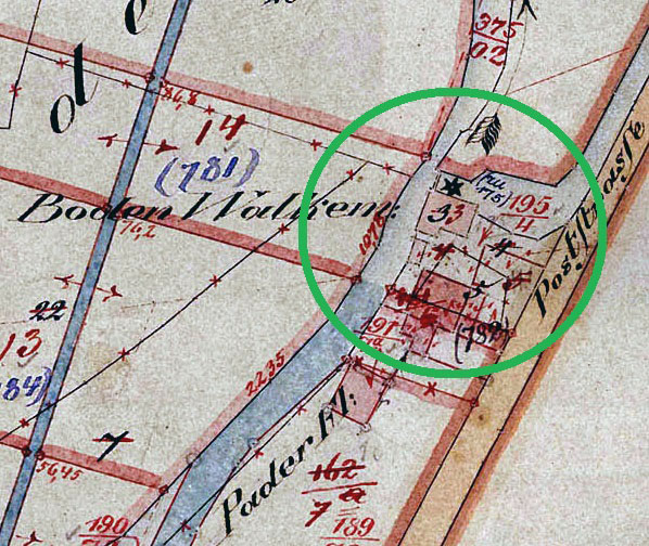Neuhaus, Lage der Walkmühlen-Parzelle, Flurkarte von 1829 (Kreis Paderborn, Amt für Geoinformation, Kataster und Vermessung, Bearbeitung M. Ströhmer 2019)