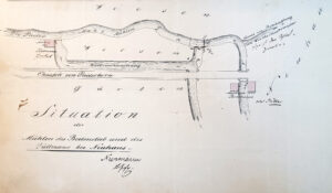 „Situation der Mühlen des Bodenstab [= „Roggenmühle“] und des Tüllmann [= Walkmühle] bei Neuhaus“ 1849 (LA Detmold, Regierung Minden, I U Nr. 660, unfol.)