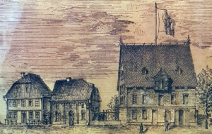 Ensemble „Neuhäuser Mühlenwerke“ of the company A. Rosenthal (f. l. t. r.) Residential house, three-course rye mill and storehouse on today's Schlossstraße, around 1880 (pen and ink drawing, private archive Georg. G. SANTEL, Paderborn)