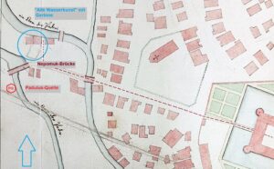 Neuhaus, mutmaßlicher Verlauf der Wasserleitung von der Alten Wasserkunst zum Neptunkump, 1670er Jahre (Kopie Grundriss von Neuhaus (1675) von Kammersekretär P. Sauer 1797, EAB Pb, AV, Acta 88, fol. 2, Repro u. Bearbeitung M. Ströhmer)