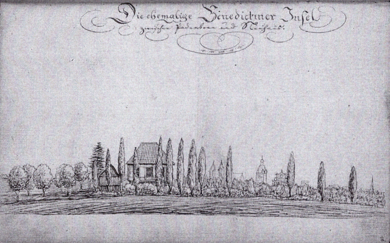 „The former Benedictine Island between Paderborn and Neuhaus" in the early 19th century, drawing by Franz Joseph BRAND (Erzbischöflich Akademische Bibliothek, hereafter EAB PbAV Paderborn, Cod. 178, fol. 46)
