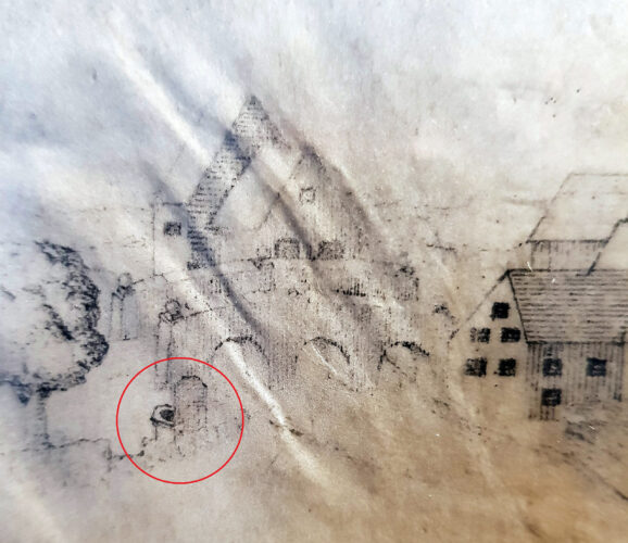 Castle Neuhaus, marble enclosure of the „Padulusquelle“ (Padulus spring), parchment drawing by J. C. Schlaun, 1719 (Residenzmuseum Schloss Neuhaus, photo and editing M. Ströhmer 2019)
