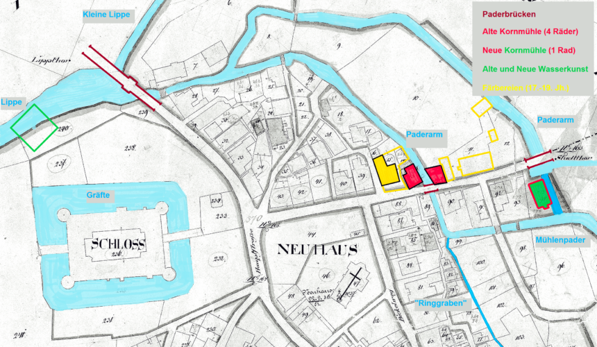 Neuhaus municipality, course of the River Pader within the municipality with ring ditch, mills and dye works, 1850s (basis: original cadastral map of 1830, Flur V, Kreis Paderborn, Amt für Geoinformation, Kataster und Vermessung, edited by M. Ströhmer 2019)