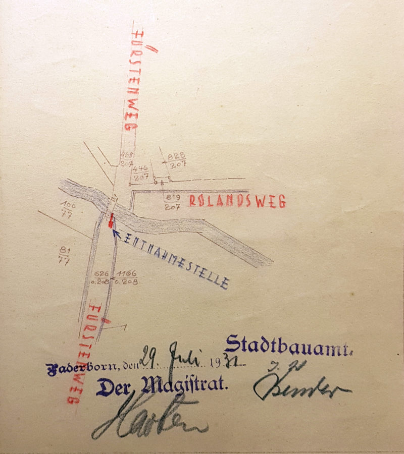 Planned water tapping point for the municipal motorised fire truck at the „Steinerne Brücke“, location sketch 1931 (Stadt- und KreisA Pb, A 5551, unfol.)