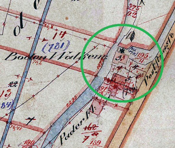 Neuhaus, location of the fulling mill parcel, cadastral map from 1829 (Kreis Paderborn, Amt für Geoinformation, Kataster und Vermessung, Bearbeitung M. Ströhmer 2019)