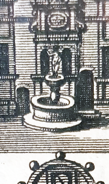 Ausschnitt: „Neptunbrunnen“ im Innenhof des Residenzschlosses um 1670 (Kupferstich J. G. Rudolphi, in: Ferdinand v. Fürstenberg, Monumenta Paderbornensia, Amsterdam 1672)