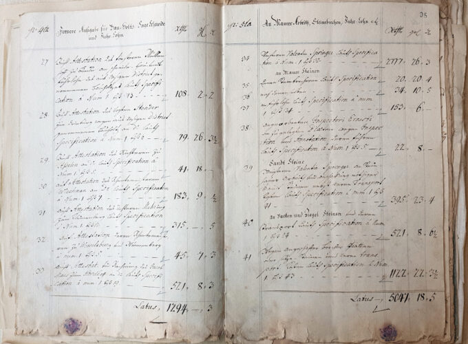 Part of the construction account of the New Waterworks of 1753 on expenditures for timber, saw and masonry work as well as wages for carriages